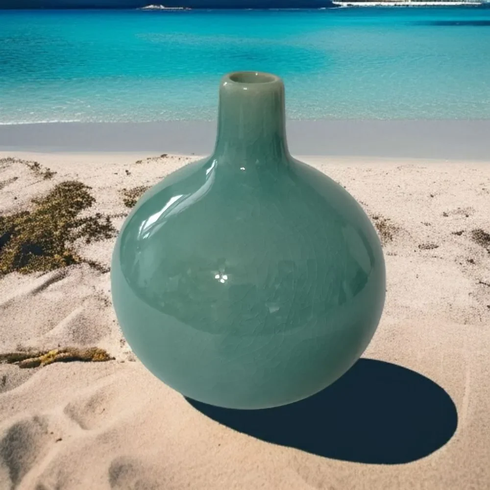 Crate & Barrel Bud‎ Vase Perry Aqua Round Ball Ikebana Coastal Beach House Farm.